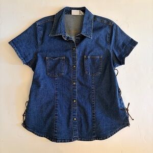 VTG Carolina Blues Denim Top Sz L Cotton Snap Leather Side Ties Western Cowgirl